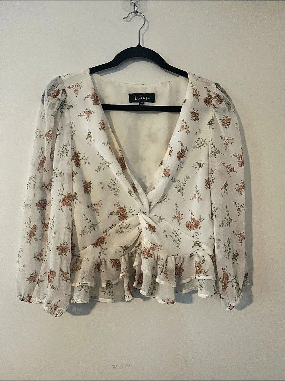 Lulus White Pink Floral Print Ruffle Top Medium Cottagecore Prairie Romantic